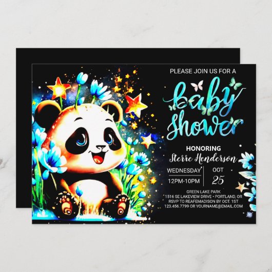 Blue Bamboo Panda Wonderland Boy Baby shower Kaart (Voorkant / Achterkant)