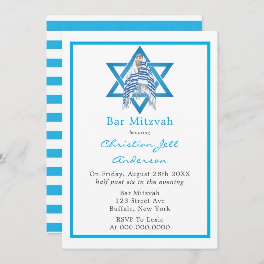 Blue Bar Mitzvah Star Of David Invitation (Devant / Derrière)