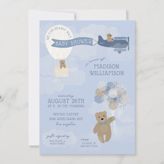 Blue Barly Wait Teddy Bear Baby shower Uitnodiging (Voorkant)