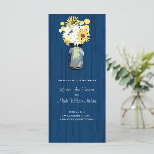 Blue Barn Mason Jar Zonnebloem Trouwprogramma Programma (Staand voorkant)