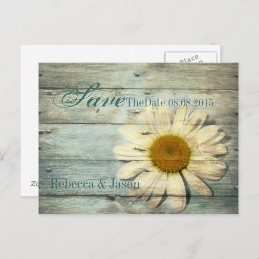 Blue Barnwood Country Daisy Bruiloft Save the Date Aankondigingskaart (Voorkant / Achterkant)