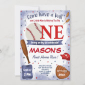 Blue Baseball 1e Verjaardag Feest Uitnodiging (Voorkant)