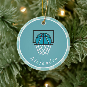 Blue Basketball Ball & Basket Player's Name Coach Keramisch Ornament