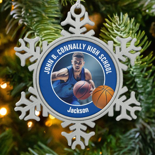Blue Basketball Player Photo Keepsake Gift Tin Sneeuwvlok Ornament