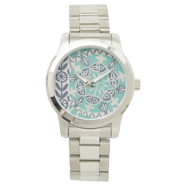Blue Batik Tile I Horloge (Voorkant)