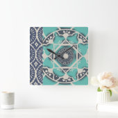 Blue Batik Tile II Vierkante Klok (Huis)