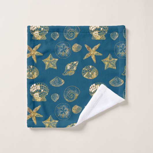 Blue Beach Gold Sea Shells (Gant de toilette)