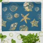 Blue Beach Gold Sea Shells Theedoek (Gevouwen)