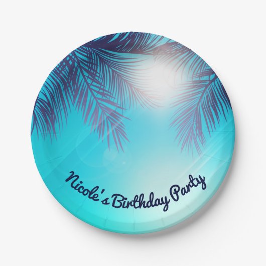 Blue BEACH PARTITY Sunny Palm Trees Summer Birthda Papieren Bordje (Voorkant)