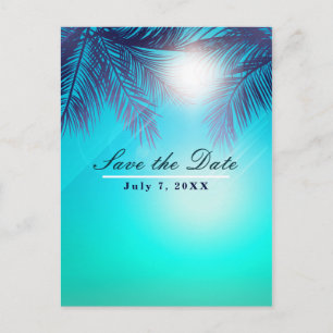 Blue BEACH Party Sunny Palm Trees Save the Date Aankondigingskaart