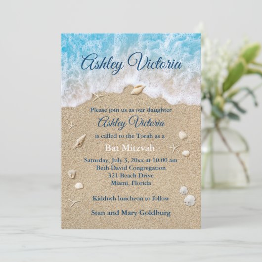 Blue Beach Waves Bat Mitzvah Invitation Kaart (Staand voorkant)