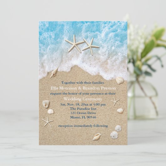 Blue Beach Waves & Starfish Faire-part de mariage (Debout devant)