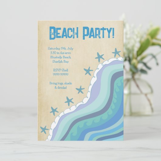 Blue Beach Waves Starfish Summer Party Invitation (Debout devant)