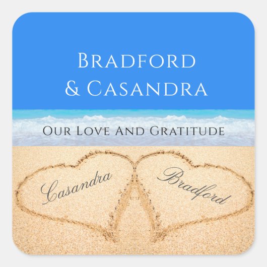 Blue Beach Wedding 2 Harten in de zand Stickers (Voorkant)