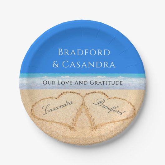 Blue Beach Wedding 2 Harten in het zand Papieren Bordje (Voorkant)