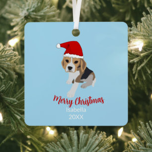 BLUE BEAGLE PUPPY DOG IN CHRISTMAS SANTA HAT XMAS METALEN ORNAMENT