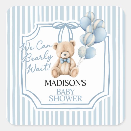 Blue Bear Baby Shower  Vierkante Sticker (Voorkant)