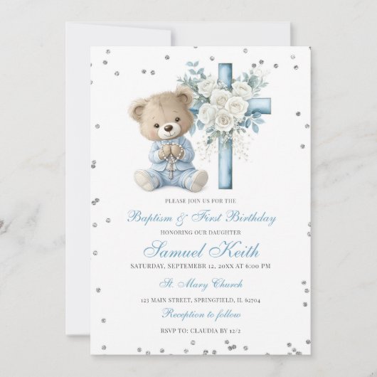 Blue Bear Baptism & First Birthday Invitation (Devant)