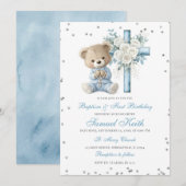 Blue Bear Baptism & First Birthday Invitation (Devant / Derrière)