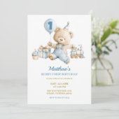 Blue Bear Boy Beary first birthday invitation (Debout devant)