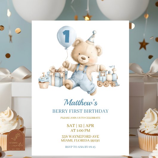 Blue Bear Boy Beary first birthday invitation