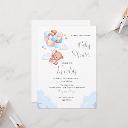 Blue Bear Espagnol Baby shower Boy invitation (Devant/Arrière en situation)