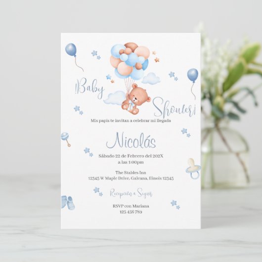 Blue Bear Espagnol Baby shower Boy invitation (Debout devant)