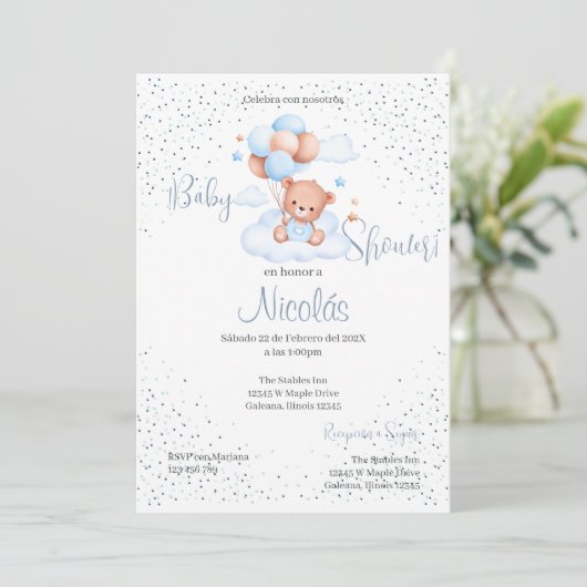 Blue Bear Espagnol Baby shower Boy invitation (Debout devant)