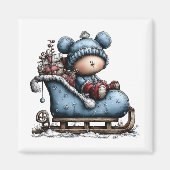 Blue Bear Santa Sled Christmas Magnet (Devant)