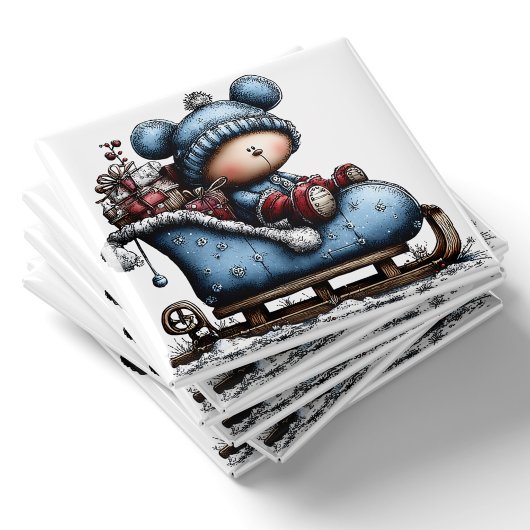 Blue Bear Santa Sled Christmas Magnet