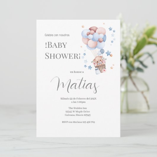 Blue Bear Spanish Baby Shower Boy invitation (Debout devant)