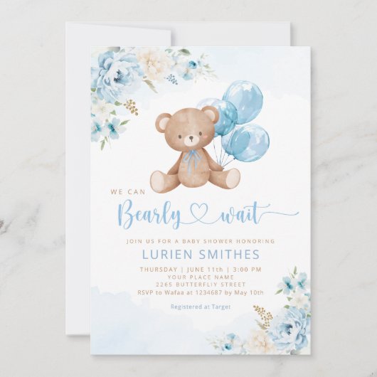 Blue Bearly Wait Boho Teddy Bear Boy Baby shower Kaart (Voorkant)