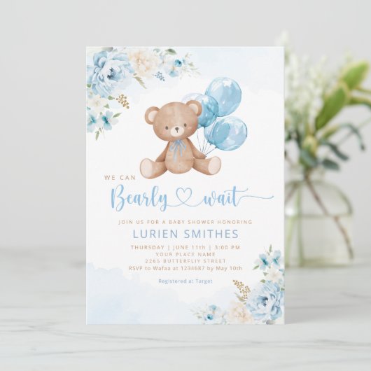 Blue Bearly Wait Boho Teddy Bear Boy Baby shower Kaart (Staand voorkant)