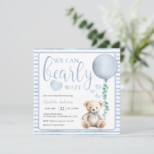 Blue Bearly Wait Teddy Bear Baby shower Uitnodigen Kaart (Staand voorkant)