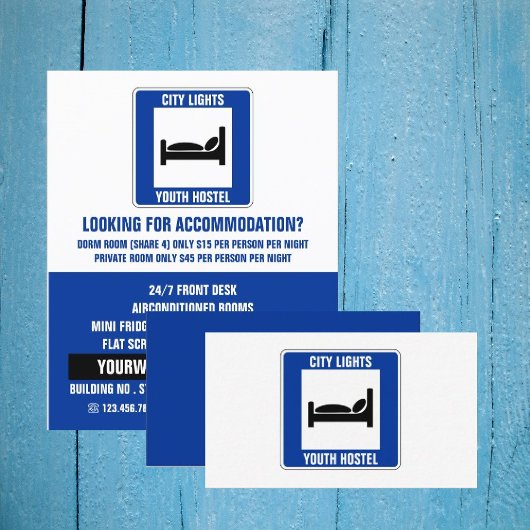 Blue Bed Logo, Hostel Accommodatie Adverteren Flyer