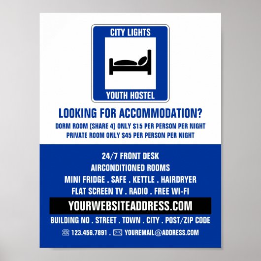 Blue Bed Logo, Hostel Accommodatie Adverteren Poster (Voorkant)