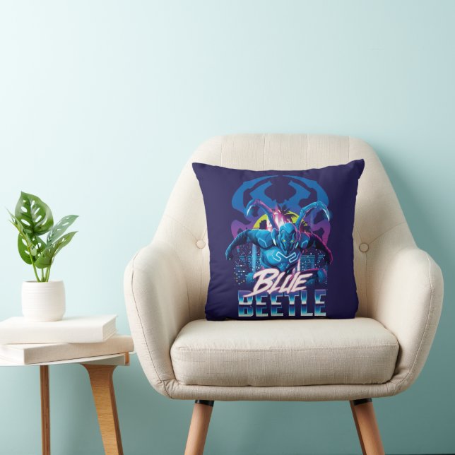 Blue Beetle Retrowave City zonsondergang Kussen (Stoel)