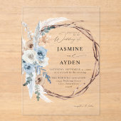 Blue & Beige Boho Floral Wreath Wedding Acryl Uitnodigingen (Voorkant)