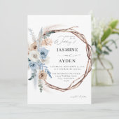 Blue & Beige Boho Floral Wreath Wedding Kaart (Staand voorkant)