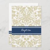 Blue Beige Damask Baptism Invitation Kaart (Voorkant / Achterkant)
