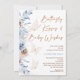 Blue beige Floral Butterfly Kisses Baby shower Kaart