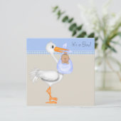 Blue Beige Gingham Stork Baby Boy Shower Kaart (Staand voorkant)