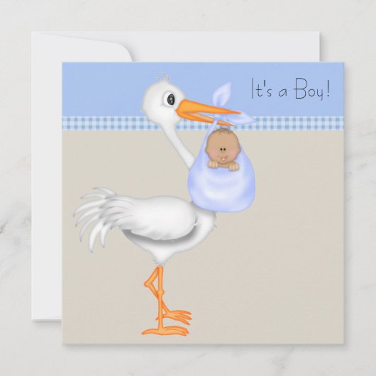 Blue Beige Gingham Stork Baby Boy Shower Kaart (Voorkant)