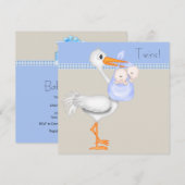 Blue Beige Gingham Stork Twin Baby Boy Shower Kaart (Voorkant / Achterkant)