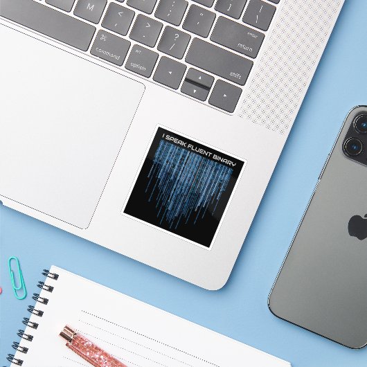 Blue Binary Code Sticker (Laptop met iPhone)