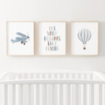 Blue Biplane Hot Air Balloon Travel Nurseror Décor<br><div class="desc">Ajoutez une touche finale à l'espace de voyage de votre petit avec cet ensemble de trois aquarelles biplan,  montgolfière,  et des empreintes de devis.</div>