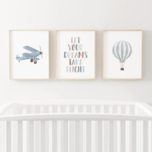 Blue Biplane Hot Air Balloon Travel Nurseror Décor