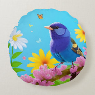 🌷 Blue Bird Blossom Kunst Cadeau voor Natuurliefh Rond Kussen