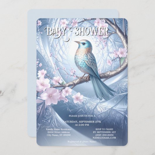 Blue Bird Floral Baby Shower Invitation (Devant / Derrière)