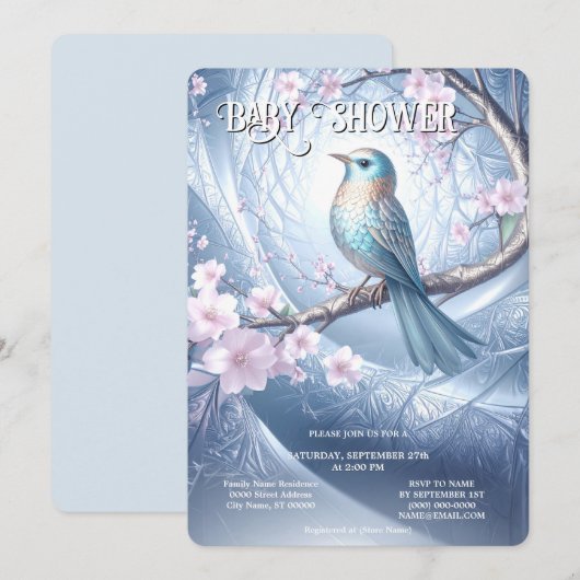 Blue Bird Floral Baby Shower Invitation Kaart (Voorkant / Achterkant)